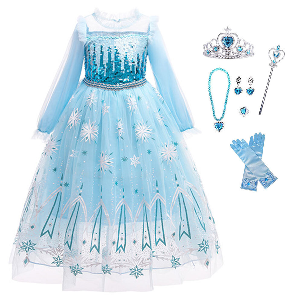 Girls Princess Elsa Long Sleeve Costumes Dress Halloween Fancy-Dress